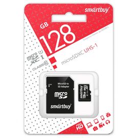  Карта памяти SMARTBUY (SB128GBSDCL10-01) MicroSDXC 128GB Class10 UHS-I U1 + адаптер 