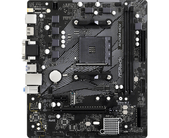  MB sAM4 ASRock A520M-HDV, AMD A520, 2xDDR4-3200, D-SUB+DVI-D+HDMI, 1xPCI-Ex16, 1xPCI-Ex1, 4xSATA3(RAID 0/1/10), 1xM.2, 8 Ch Audio, GLan, (2+4)xUSB2.0, (4+2)xUSB3.2, 1xPS/2, mATX, RTL 