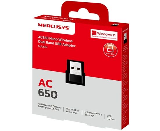  Mercusys MA20N Сверхкомпактный двухдиапазонный USB-адаптер Wi-Fi AC650 