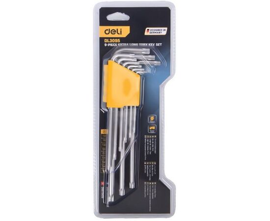  Набор ключей Torx Deli DL3095 сверхдлинных 9шт размеры Т10,Т15,Т20,Т25,Т27,Т30,Т40,Т45,Т50, пластиковый держатель 